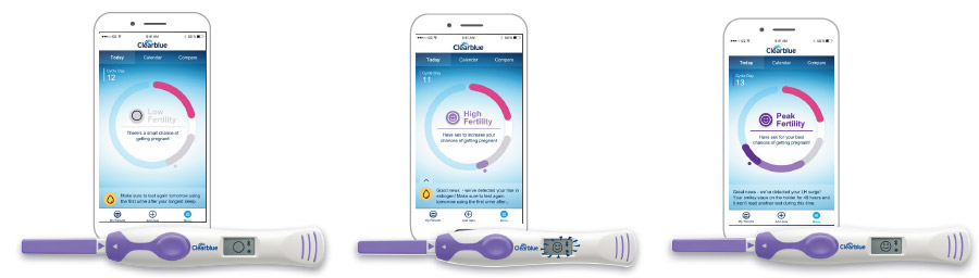low, high and peak fertility screens on ovulation app